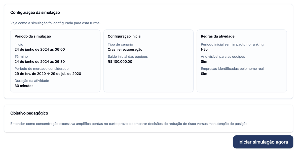 Configuração da simulação pelo professor com período, regras e objetivo pedagógico